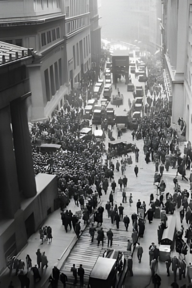 Crowd at Wall & Broad Streets after the 1929 crash