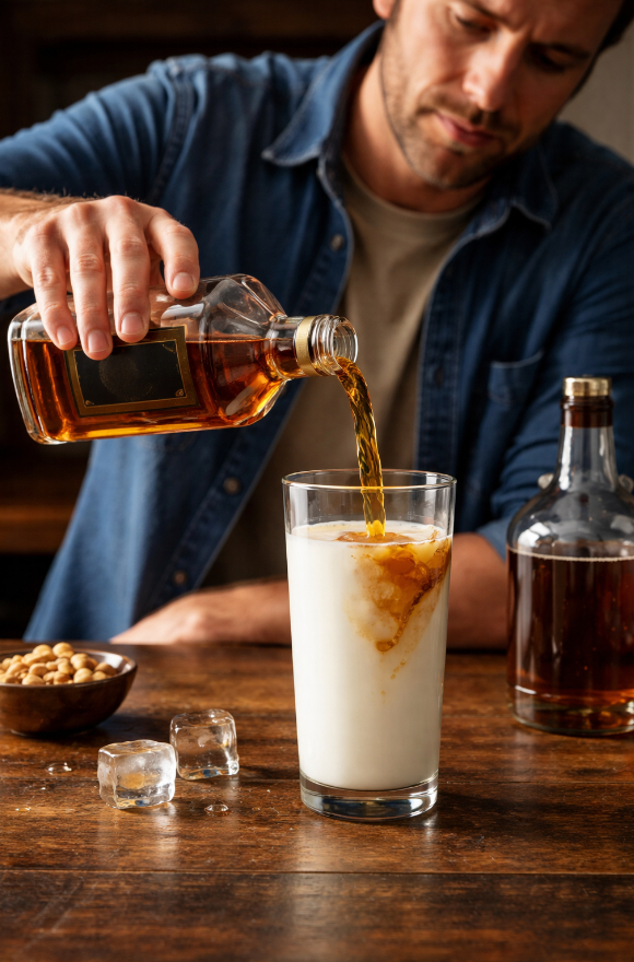 Photo of a man at the lunch counter eating and pouring whiskey in his milk
