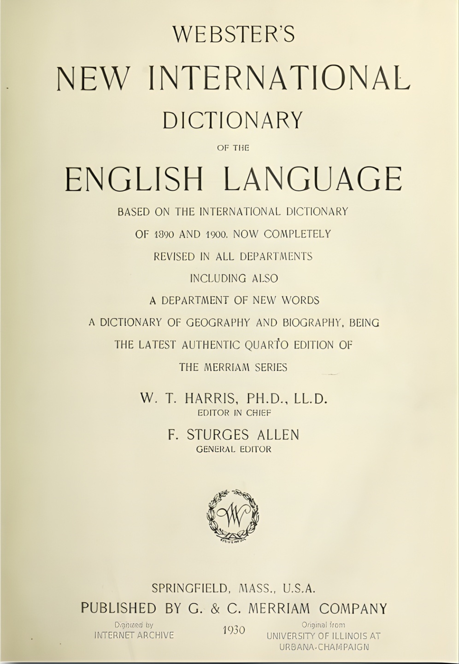 Webster's 1930 Title Page photo